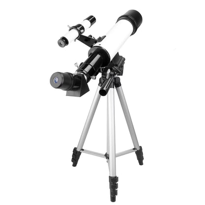 A classic refracting Cosatro V2 Telescope with a white and black barrel, mounted on a silver tripod with black legs, shown against a plain white background.