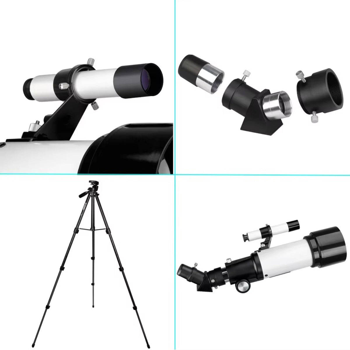 Cosatro V2 Telescope with its components and tripod on a white background