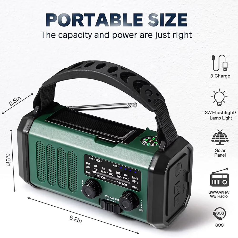 Portable Crankoax Wind Up Radio with solar panel and flashlight on a white background