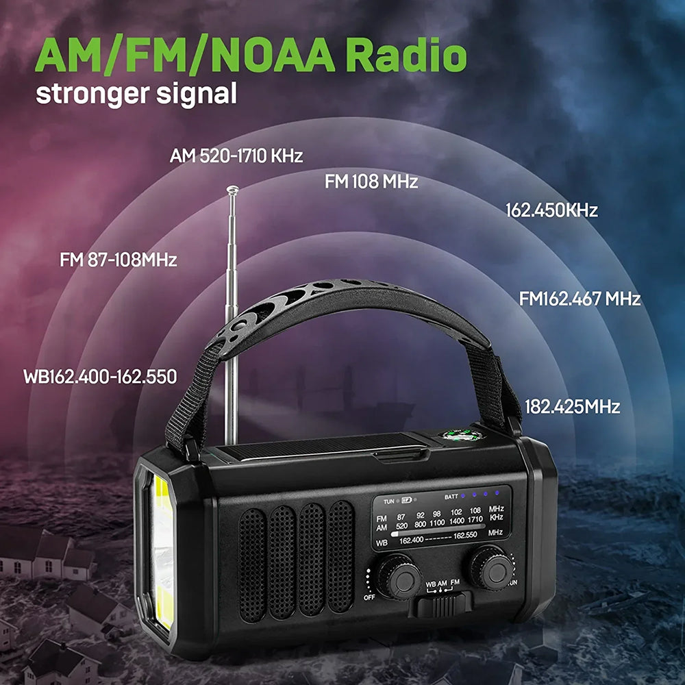 Black AM/FM/NOAA Crankoax Radio with antenna on a dark background
