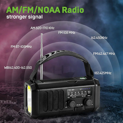 Black AM/FM/NOAA Crankoax Radio with antenna on a dark background