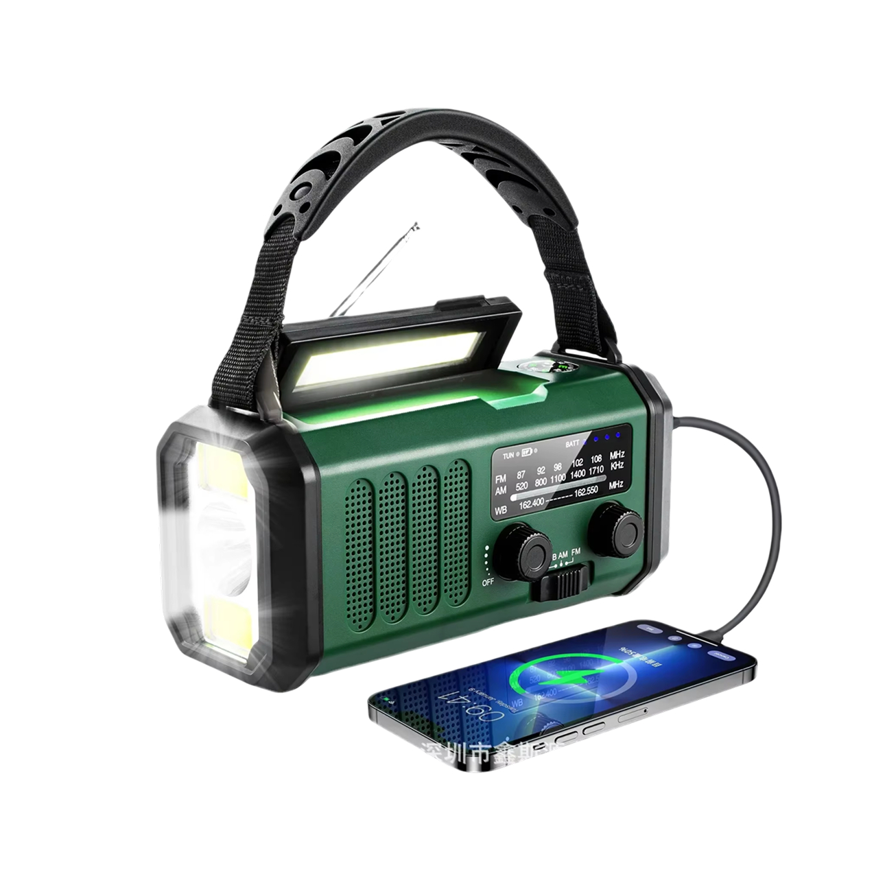 Green Crankoax Wind Up Radio with flashlight and phone charging cable on a white background