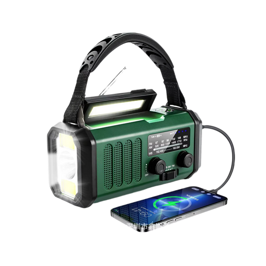 Green Crankoax Wind Up Radio with flashlight and phone charging cable on a white background