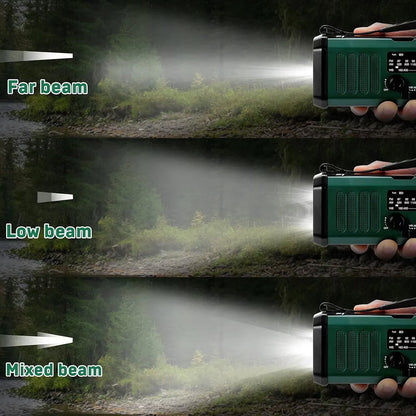 Comparison of far, low, and mixed beams from a portable device in a forest setting.