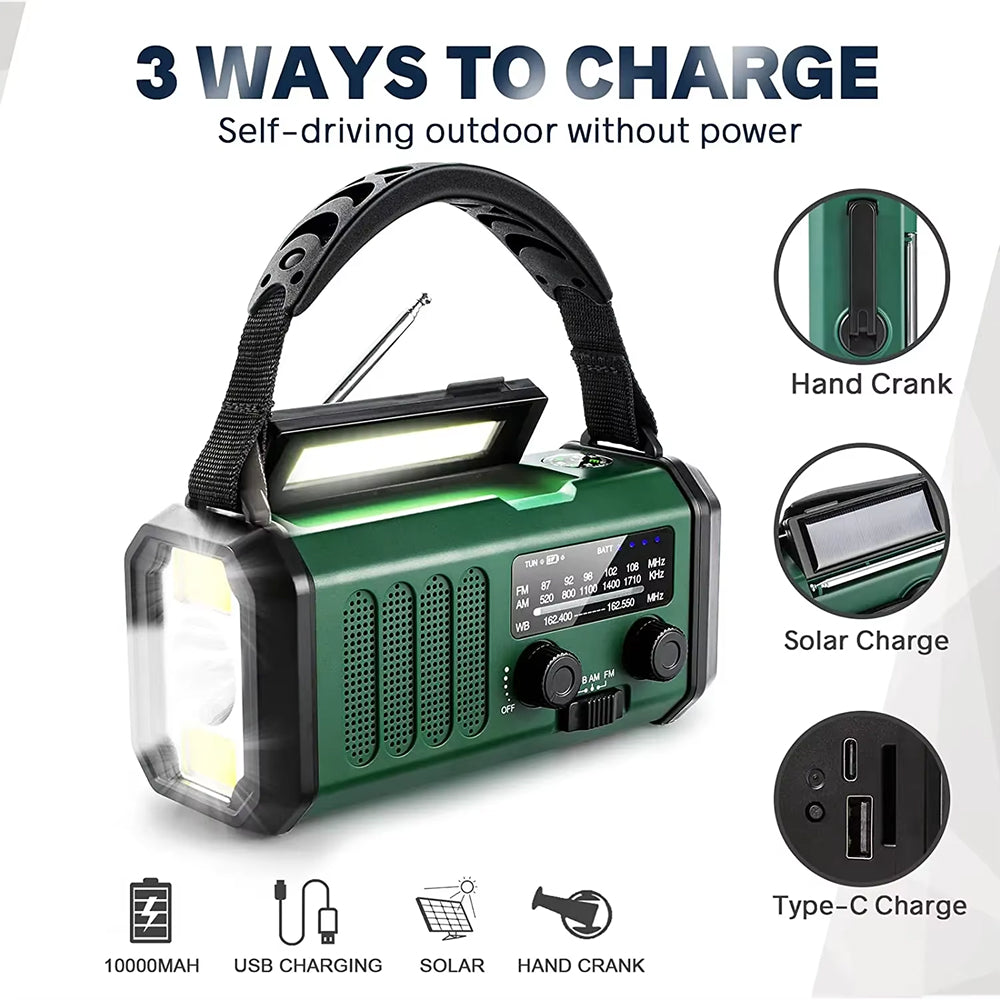 Green portable Crankoax Radio with multiple charging methods on a white background