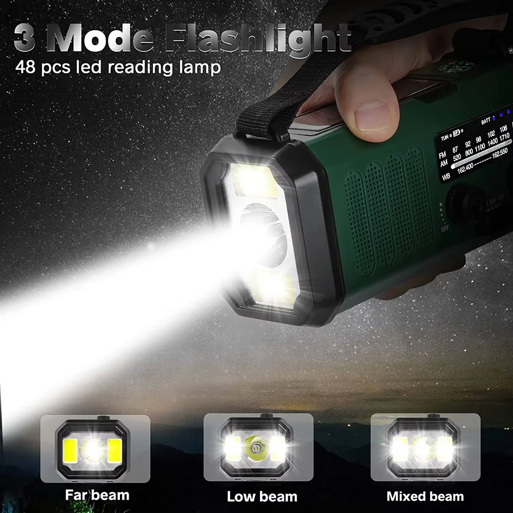 Crankoax Wind Up Radio flashlight with 3 mode indicators and LED reading lamp on a dark background