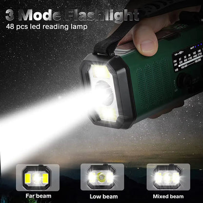 Crankoax Wind Up Radio flashlight with 3 mode indicators and LED reading lamp on a dark background