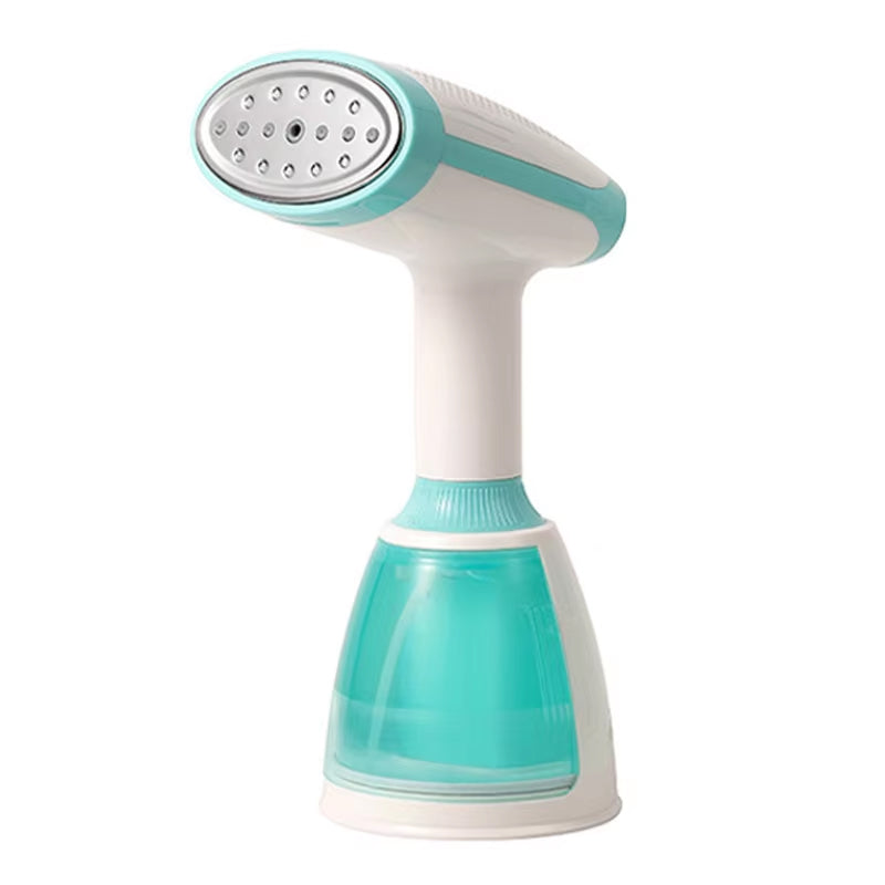 Turquoise and white CriisMist Handheld Steamer on a white background