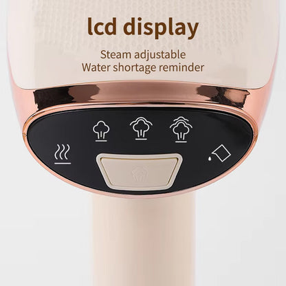 Control panel of a kitchen appliance with LCD display and steam adjustment icons on a white background.