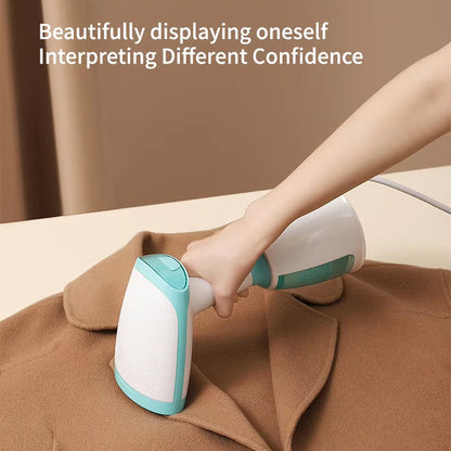 Hand using a white and green fabric steamer on brown fabric with text overlay.