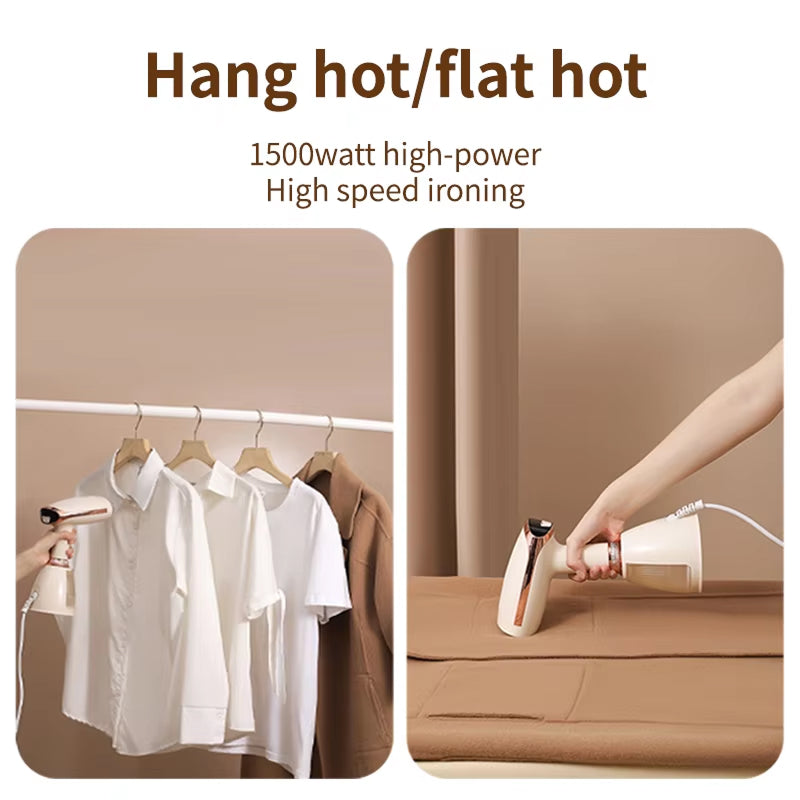 CriisMist Handheld Steamer iron being used to iron clothes on hangers and on a flat surface with text indicating high power and speed.