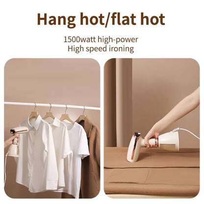 CriisMist Handheld Steamer iron being used to iron clothes on hangers and on a flat surface with text indicating high power and speed.