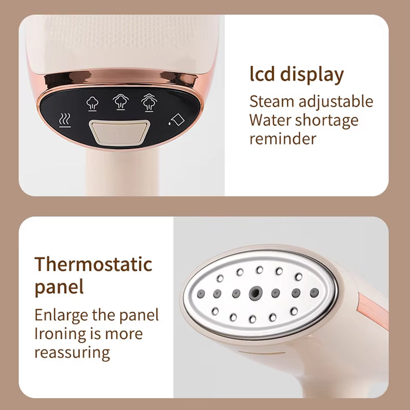 Steam iron with LCD display, steam adjustable feature, water shortage reminder, and thermostatic panel on a beige background.