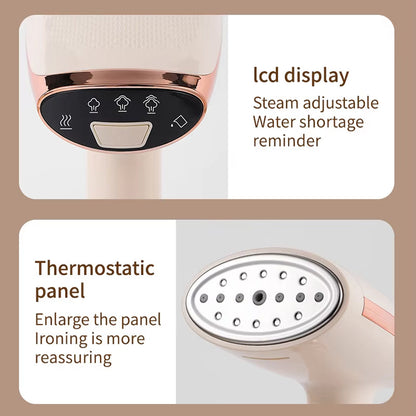 Steam iron with LCD display, steam adjustable feature, water shortage reminder, and thermostatic panel on a beige background.