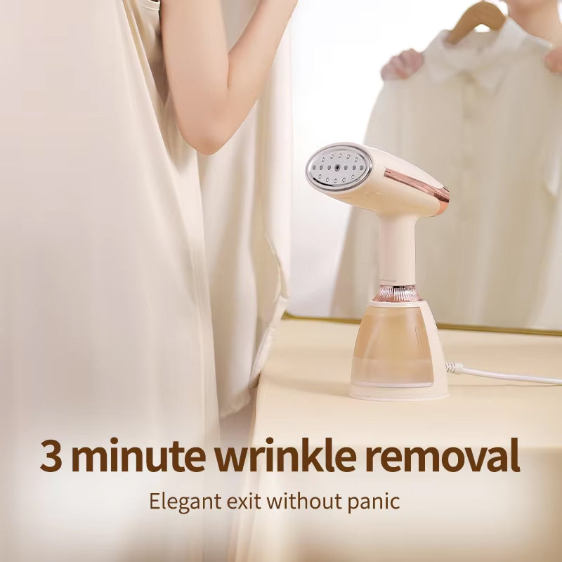 CriisMist Handheld Steamer on a table with text about wrinkle removal.