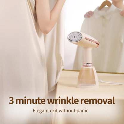 CriisMist Handheld Steamer on a table with text about wrinkle removal.