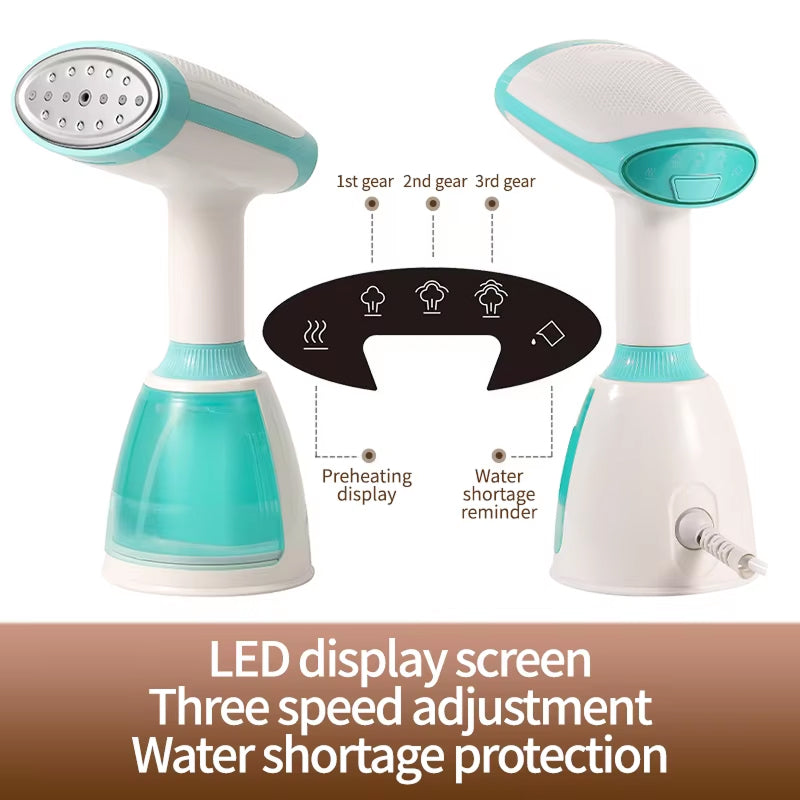 Turquoise and white CriisMist Handheld Steamer with control panel and features highlighted on a white background.
