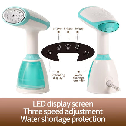 Turquoise and white CriisMist Handheld Steamer with control panel and features highlighted on a white background.