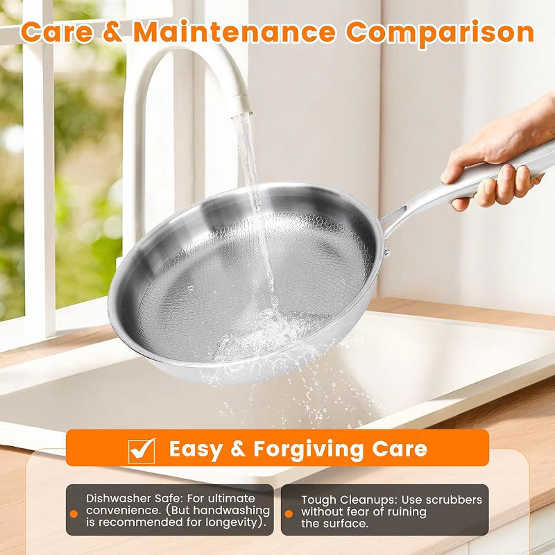 Crisporia Titanium Frying Pan being rinsed under running water with text on care and maintenance.