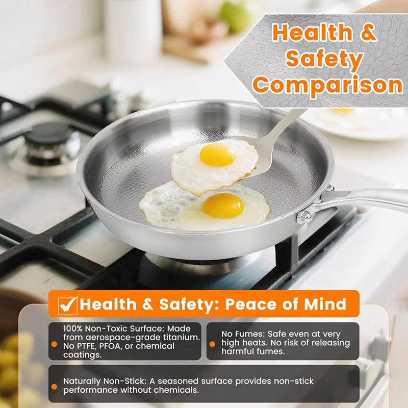 Crisporia Titanium Frying Pan with eggs on a stove, health and safety comparison text overlay.