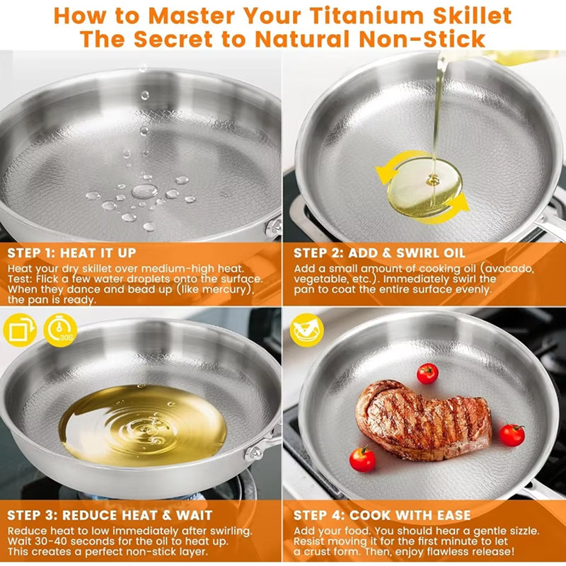 Step-by-step guide on how to master a titanium skillet for natural non-stick cooking.