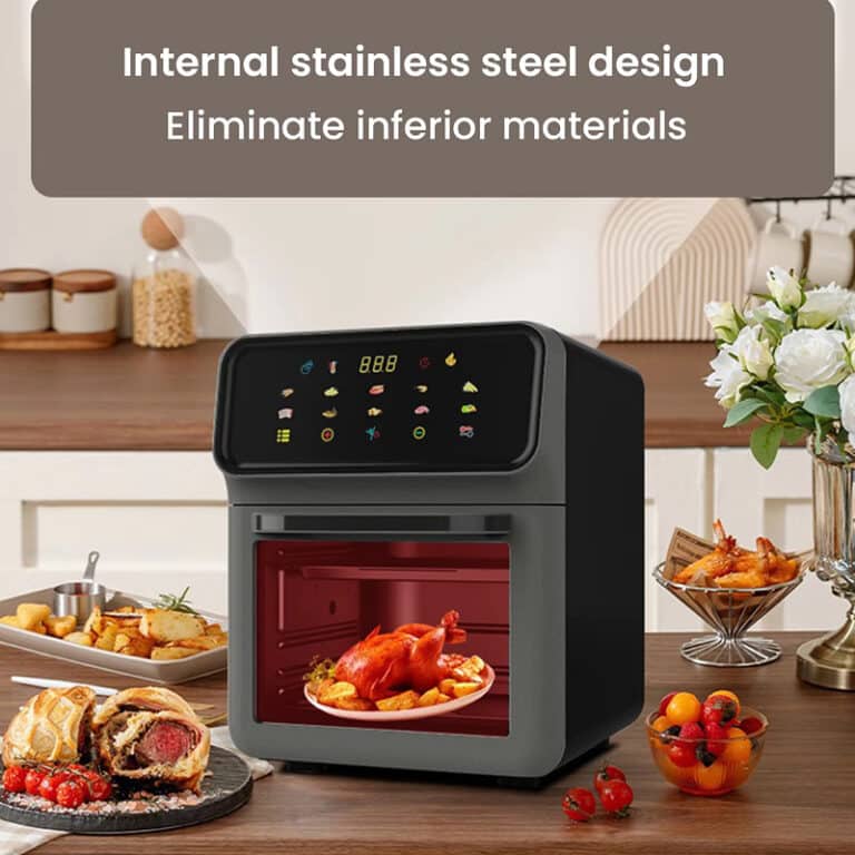 Black Crisvora Air Fryer on a kitchen counter with food items around, emphasizing its internal stainless steel design.