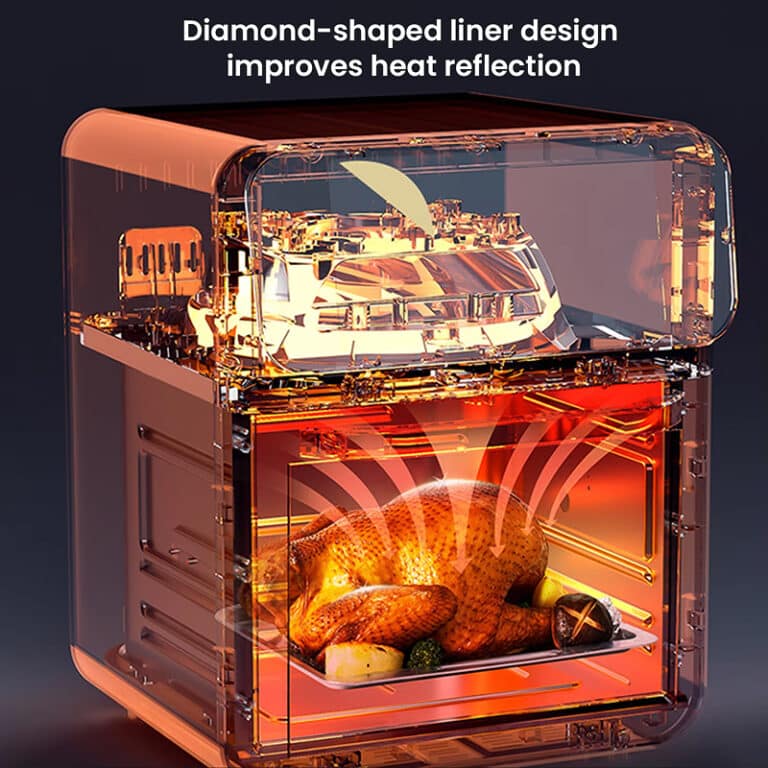 Clear Crisvora Air Fryer with diamond-shaped liner design showing roasted chicken inside, on a dark background.