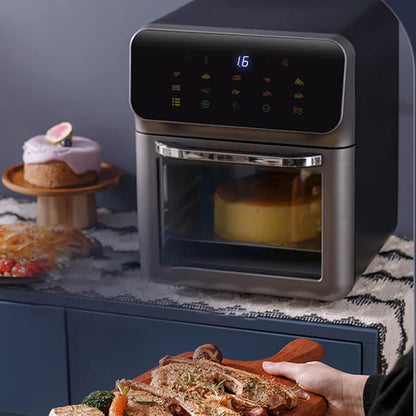 Modern kitchen scene with a digital Crisvora Air Fryer displaying the number 16, surrounded by baked goods.