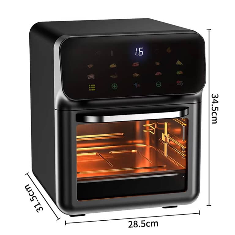Black Crisvora Air Fryer with digital display and dimensions labeled on a white background