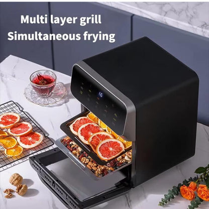 Multilayer Crisvora Air Fryer with food items on a marble countertop