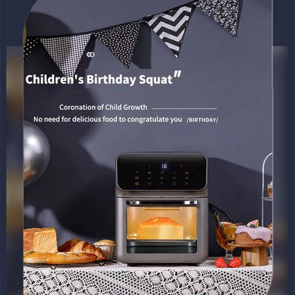 Kitchen scene with an oven displaying a cake, surrounded by celebratory decorations and text about children's birthdays.