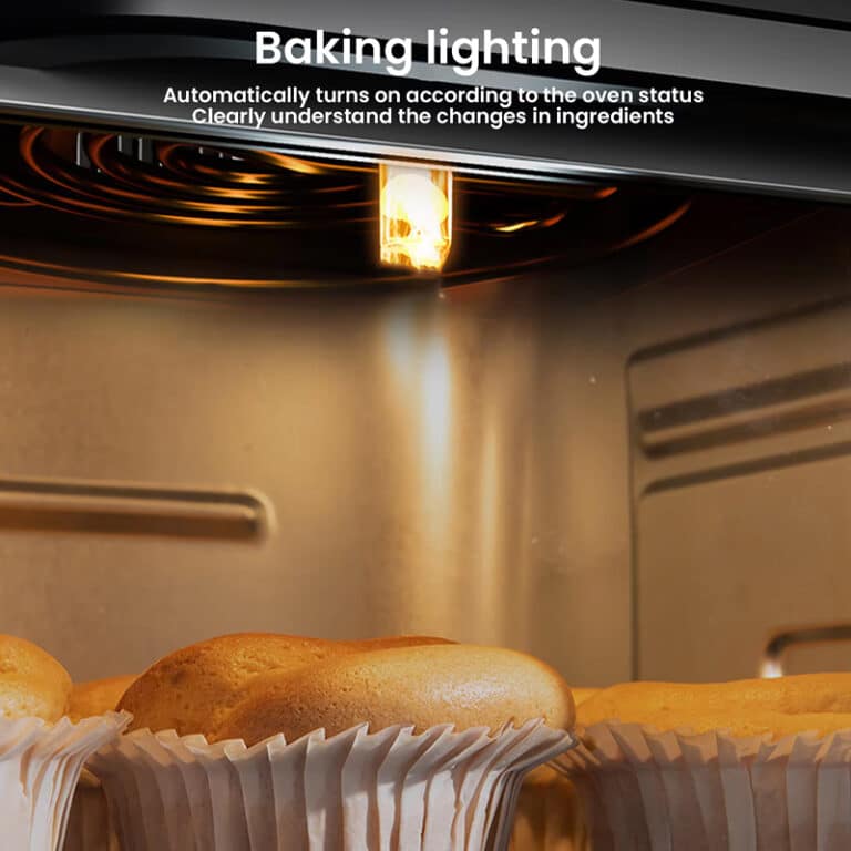 Crisvora Air Fryer Baking light inside an oven illuminating muffins.
