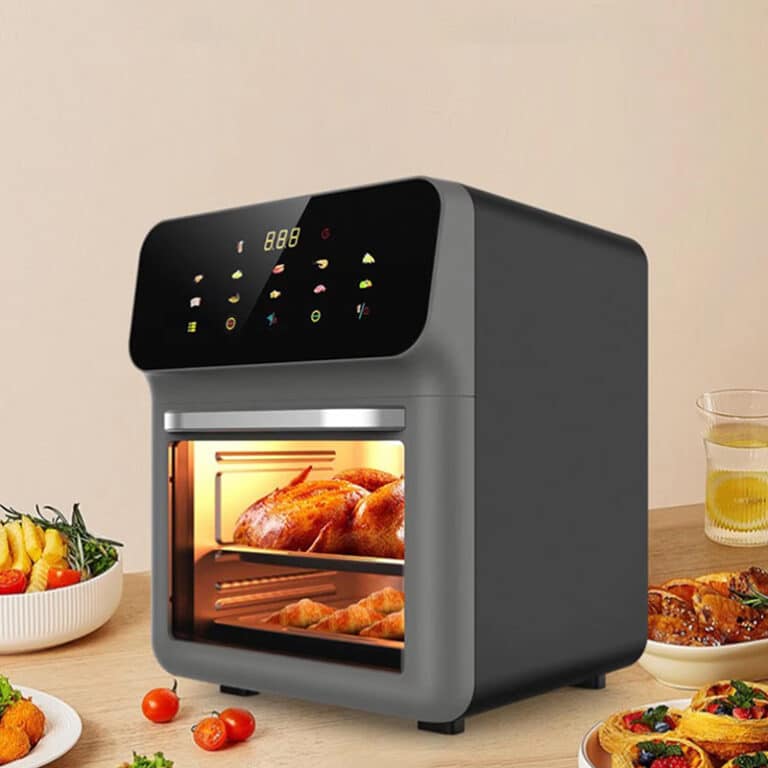Black Crisvora Air Fryer with food inside on a wooden table