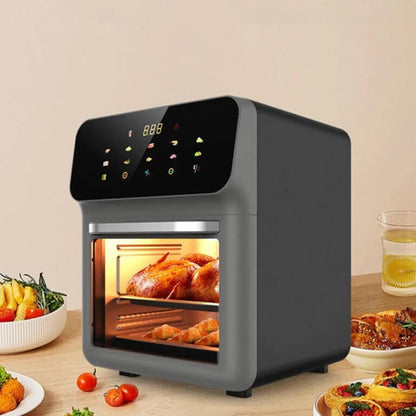 Black Crisvora Air Fryer with food inside on a wooden table
