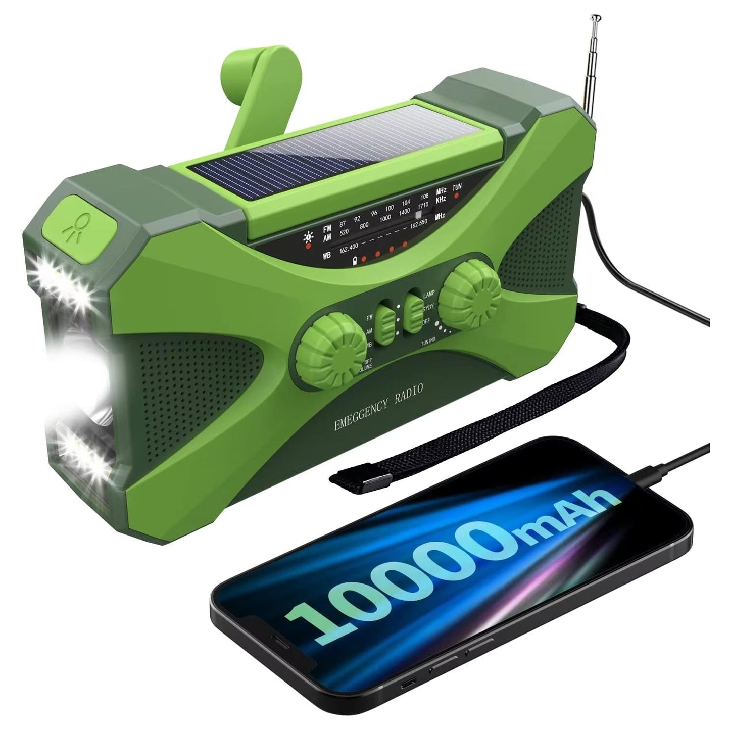 Green CrisyCom Wind Up Radio with solar panel and flashlight功能, displaying 10000mAh on a smartphone.