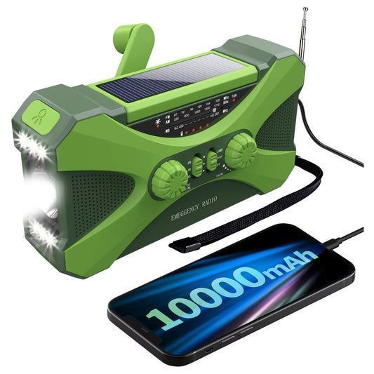 Green CrisyCom Wind Up Radio with solar panel and flashlight功能, displaying 10000mAh on a smartphone.