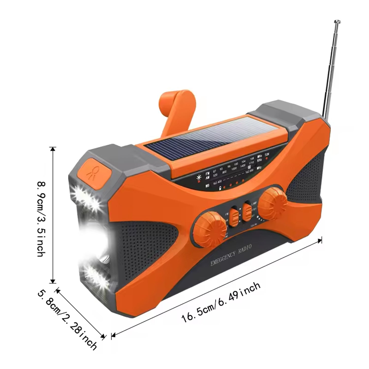 Orange and gray CrisyCom Wind Up Radio with solar panel and flashlight, showing dimensions on a white background.