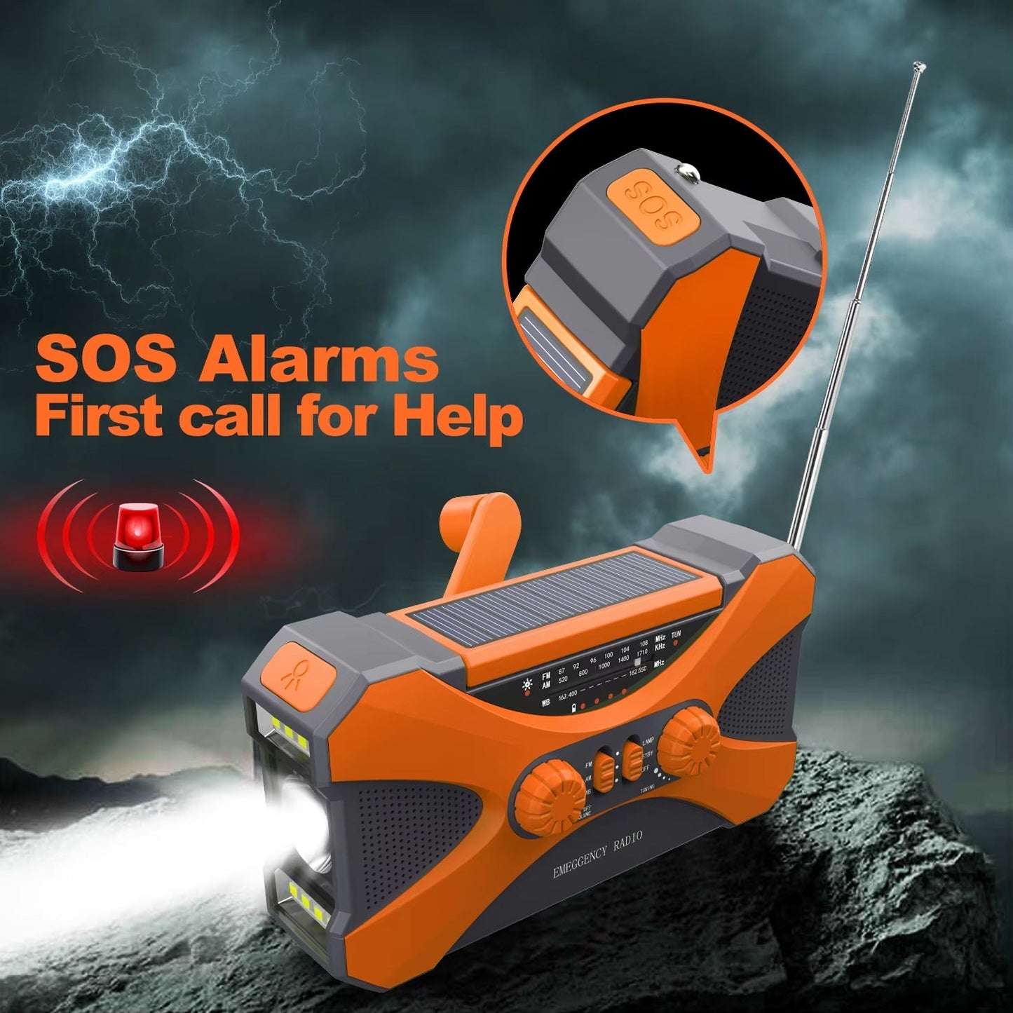 Orange and gray CrisyCom emergency radio with SOS alarms on a dark background