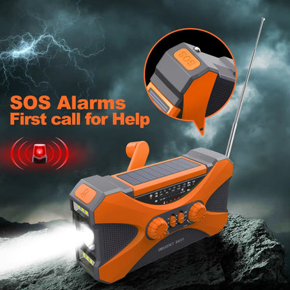 Orange and gray CrisyCom emergency radio with SOS alarms on a dark background