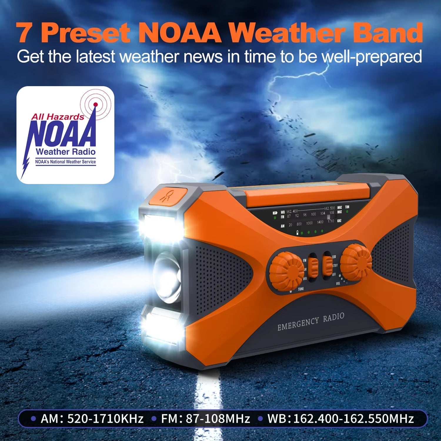 Orange CrisyCom Wind Up Radio with flashlight on a dark background with stormy weather, featuring NOAA branding.