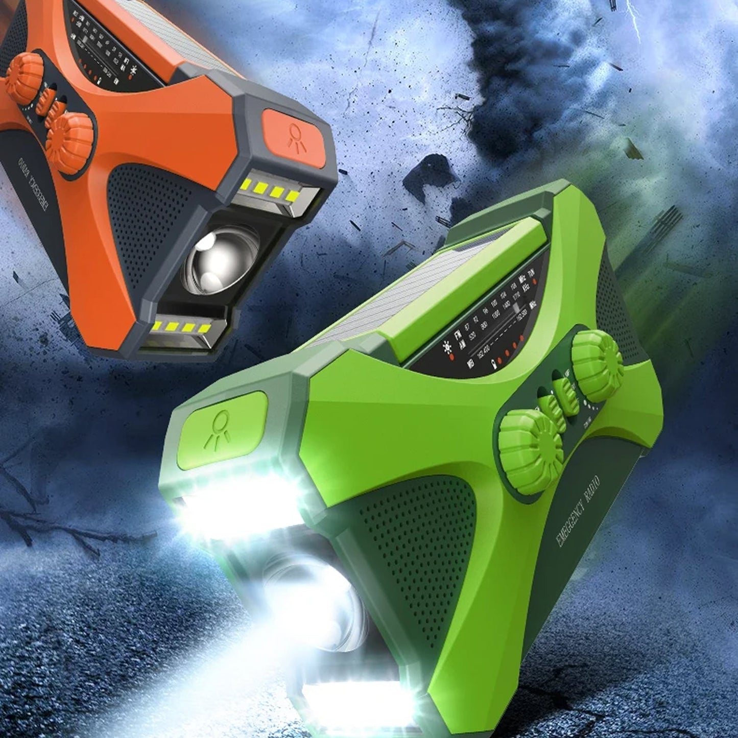 Two CrisyCom Wind Up Radio lights, one orange and one green, on a dark, textured background.