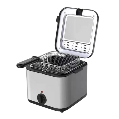 A compact CryspiPro Fryer with a stainless steel body, black control dial, and open lid showing a wire basket, photographed on a plain white background.