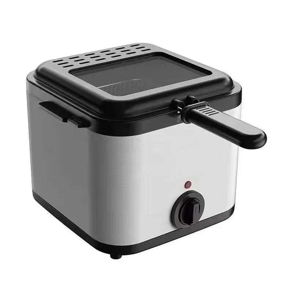 Stainless steel deep CryspiPro Fryer with black lid and handle on a white background