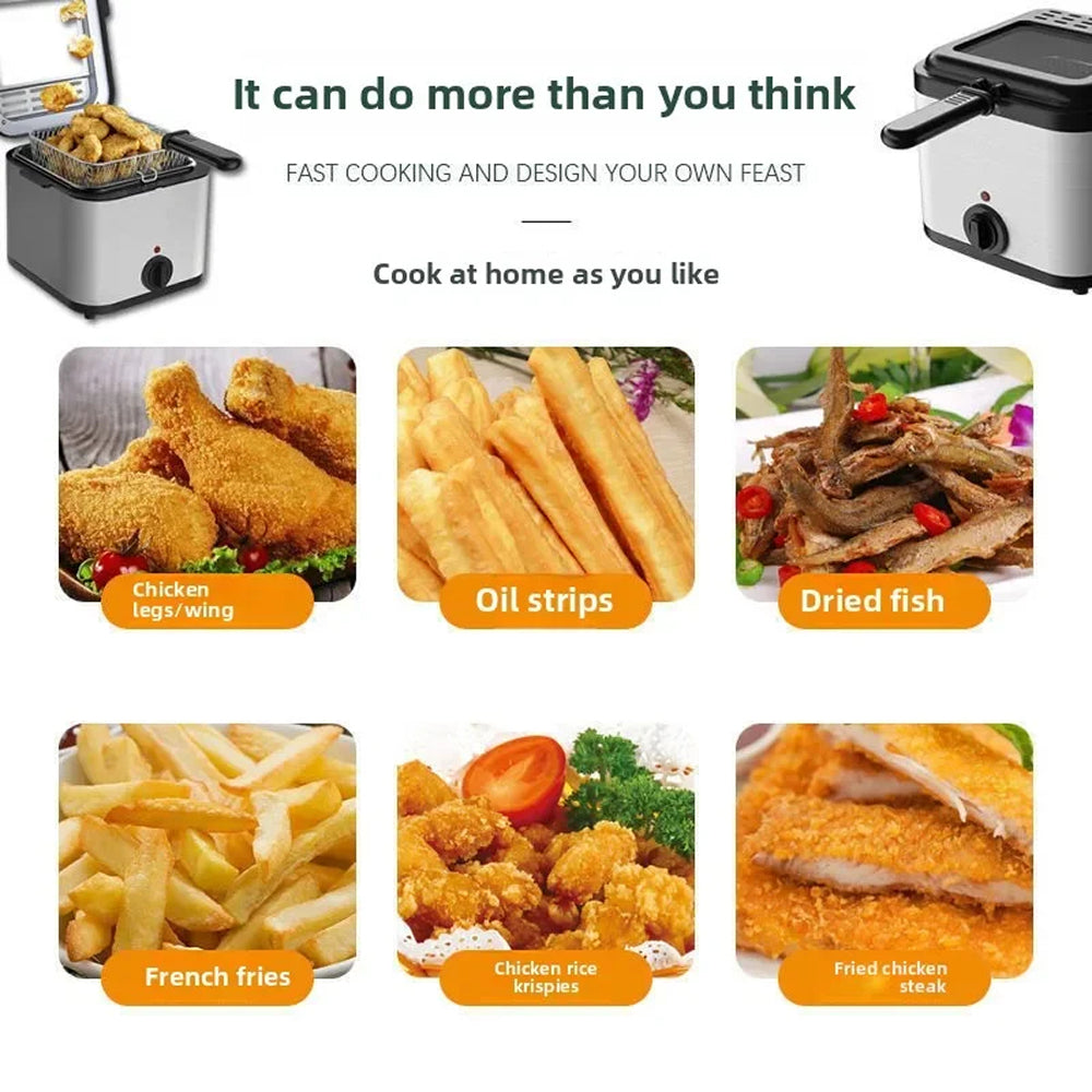 Product advertisement for a deep CryspiPro Fryer with images of fried foods and text about fast cooking.