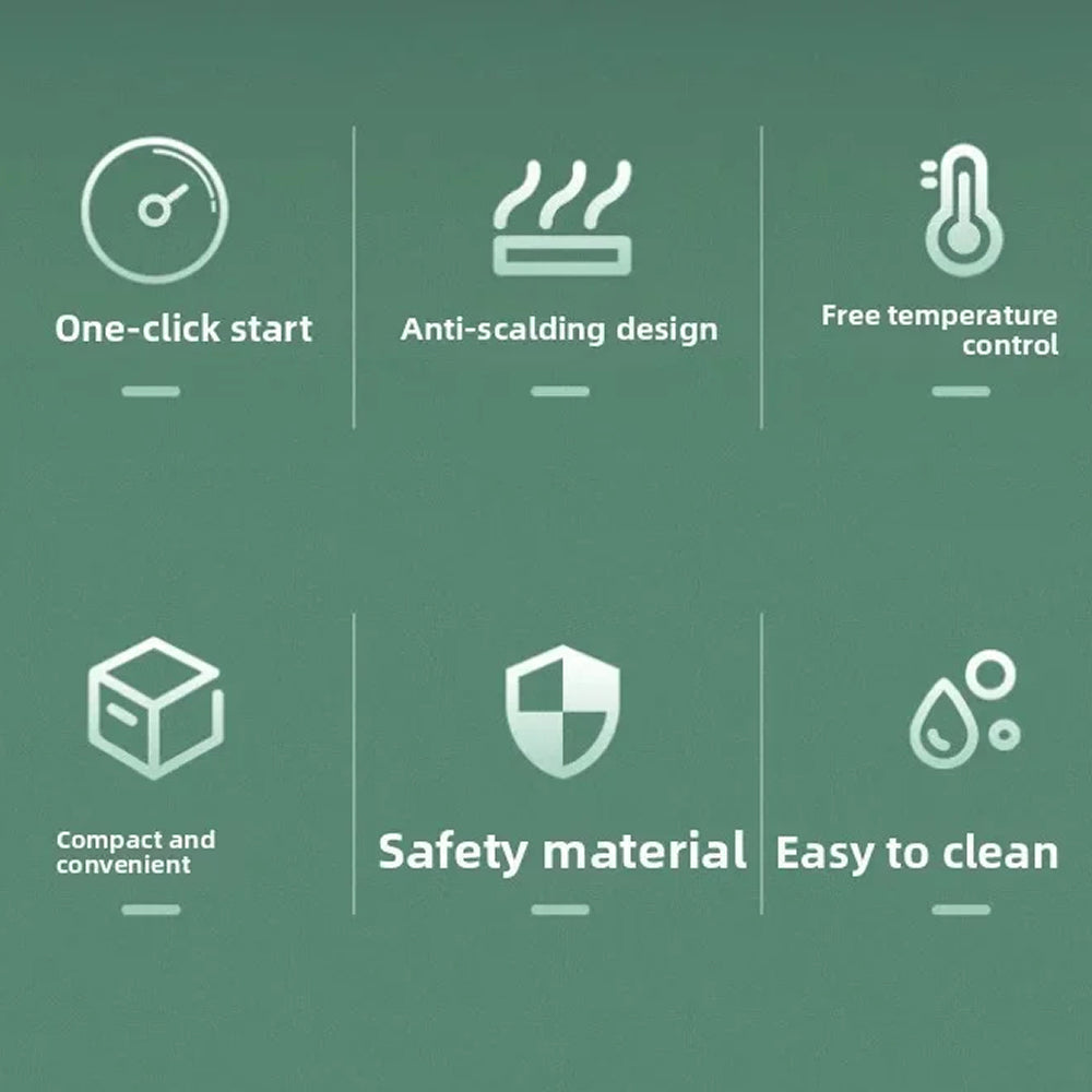 A green promotional graphic with six white icons and text highlighting product features: one-click start, anti-scalding design, free temperature control, compact and convenient, safety material, and easy to clean.