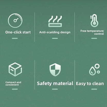 A green promotional graphic with six white icons and text highlighting product features: one-click start, anti-scalding design, free temperature control, compact and convenient, safety material, and easy to clean.