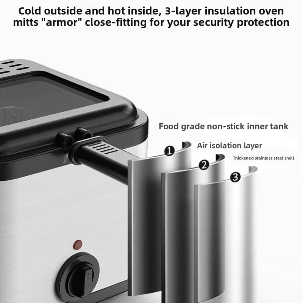 Close-up of a stainless steel oven or CryspiPro Fryer with a black lid and control knob, showing three layered insulation panels labeled for air isolation and food grade non-stick inner tank, with marketing text at the top.