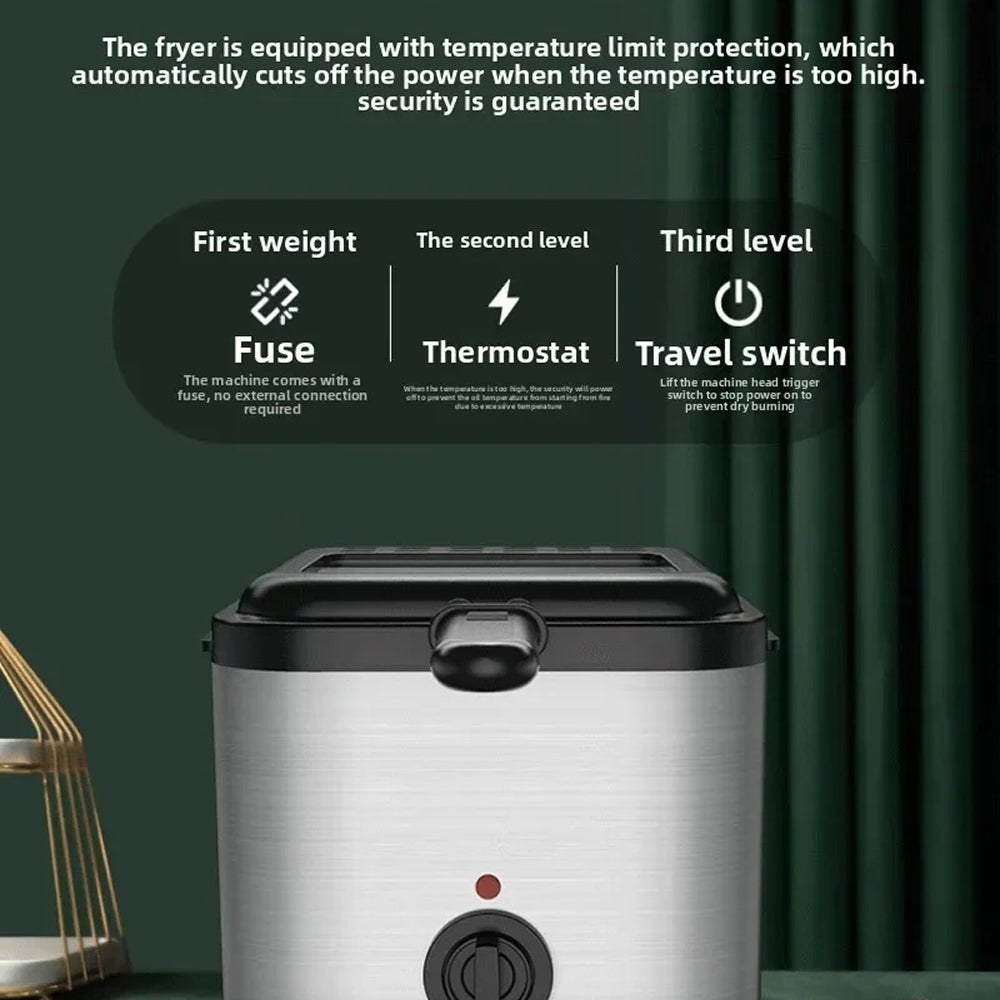 A CryspiPro Fryer and black electric fryer shown against a dark green curtain background, with marketing text and feature callouts above it. The text highlights temperature limit protection, fuse protection, thermostat, and travel switch.
