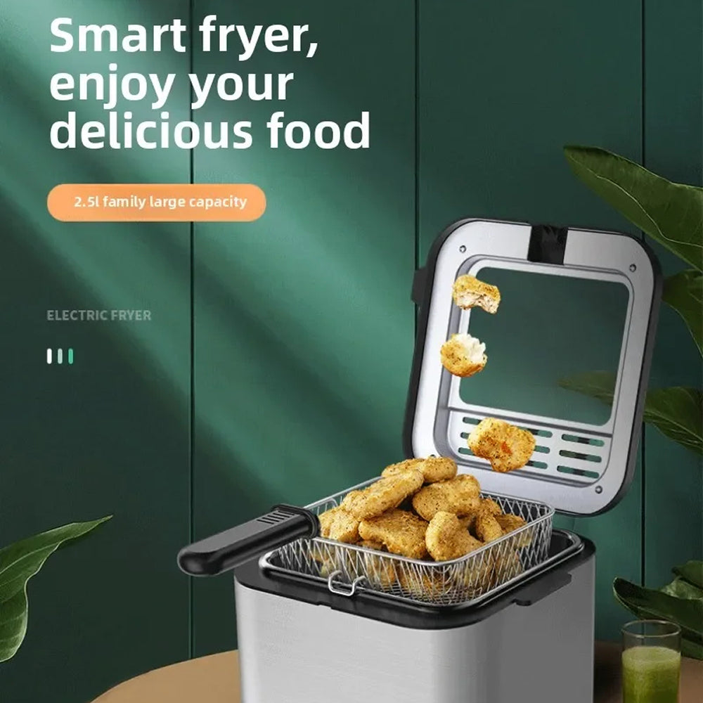 A countertop electric deep CryspiPro Fryer with its lid open, showing golden fried food in the basket. The fryer has a silver body with black trim and a black handle.