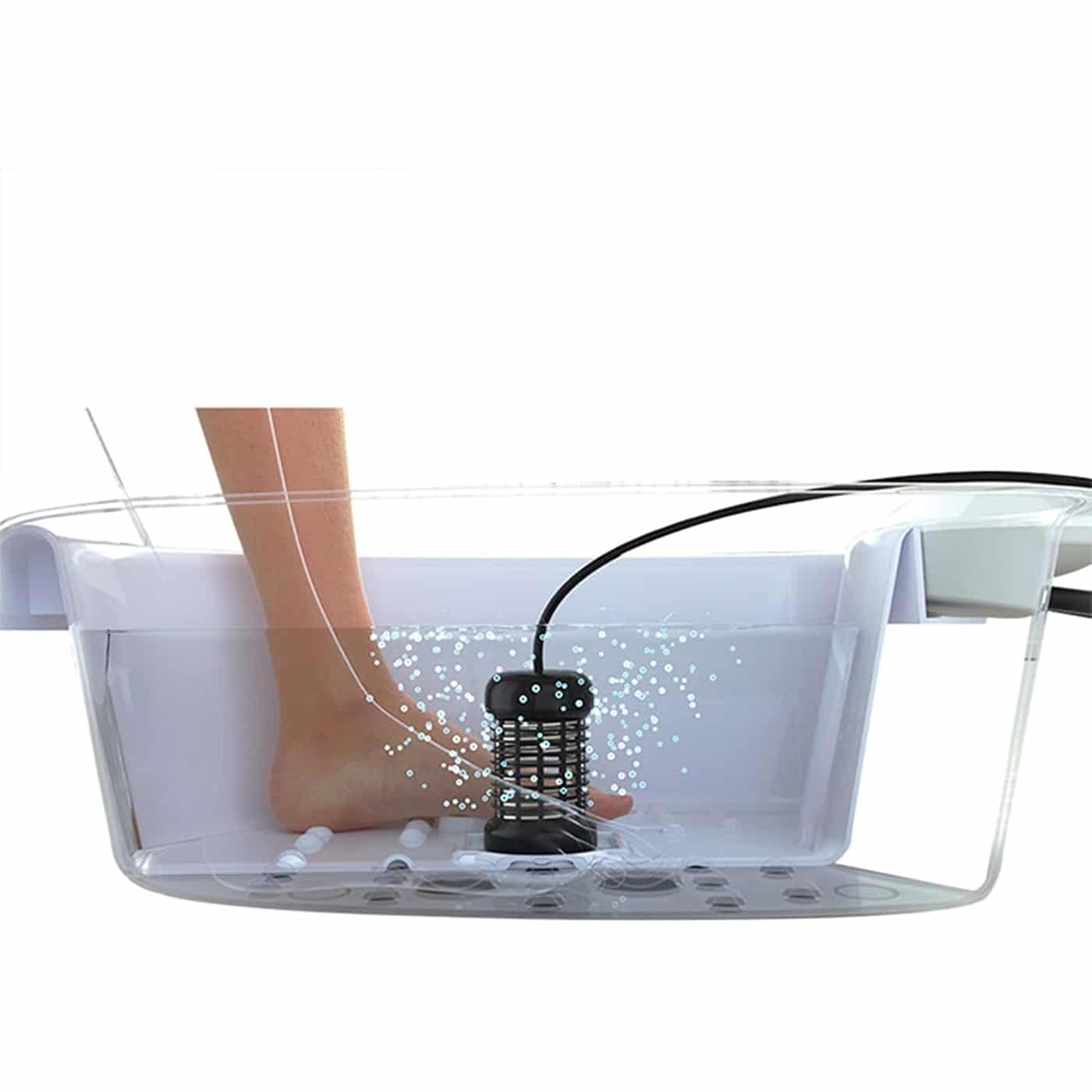 Person using a DetexFeet Ionic Foot Detox Machine with a foot in it on a white background